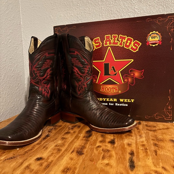 Los Altos Black Cherry Teju Lizard Cowboy Boots with Red Stitching